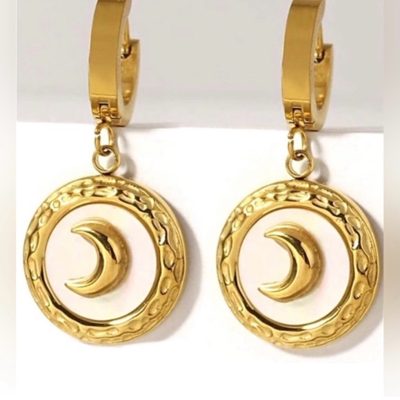 “Mother of Pearl Crescent Moon” Rainbow Iridescent Celestial Gold Steel Hoops - Picture 12 of 17